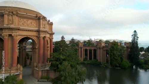 Morning Aerial video of Palace of Fine Arts and Golden Gate Bridge on a background. Inspirational drone flight around Bay Area. California, USA. 4K