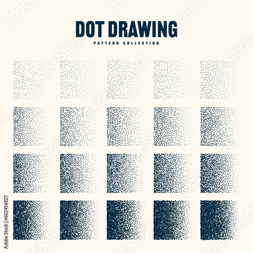 Square shaped dotted objects, vintage stipple elements. Stippling, dotwork drawing shading using dots. Halftone disintegration effect. White noise grainy texture. Fading gradient. Vector illustration
