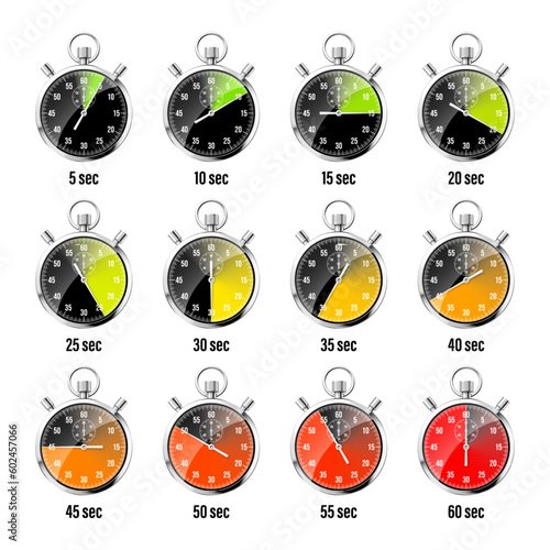 Realistic classic stopwatch. Shiny metal chronometer, time counter with dial. Colorful countdown timer showing minutes and seconds. Time measurement for sport, start and finish. Vector illustration