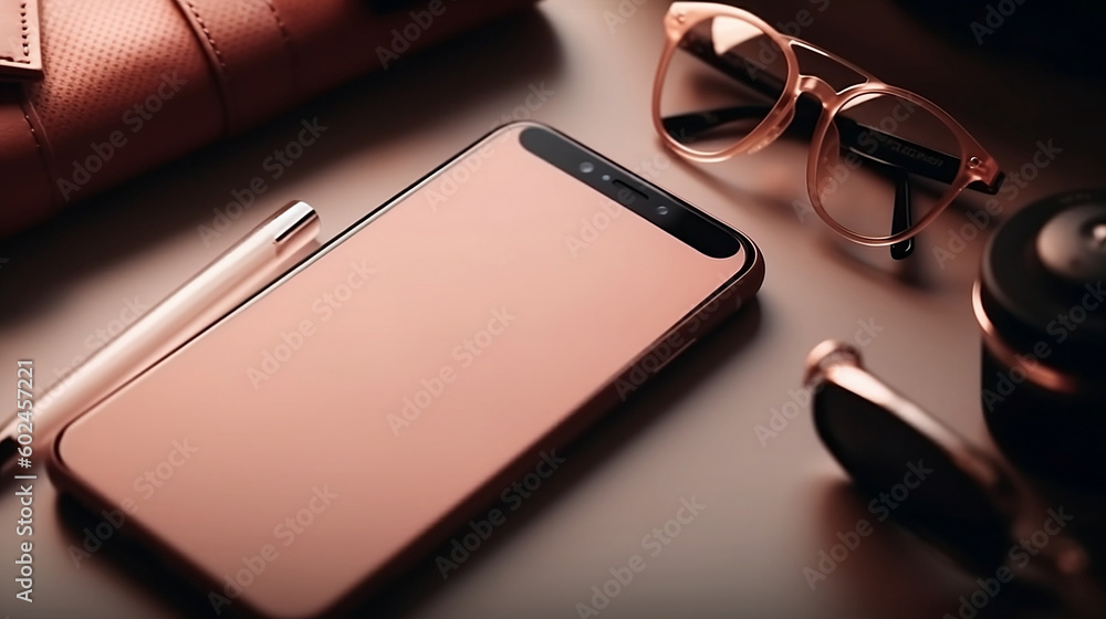 A smartphone, glasses, a bag, and a pen,
on a table, top view, mock up, phone
blank screen, pink colors. Generative AI.