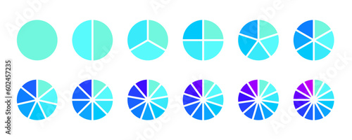 Circle segments collection. Pie diagrams set in blue purple colors. Round sections and slices pack. From 1 to 12 segments of infographic charts. Different phases and stages of cycle. Vector bundle