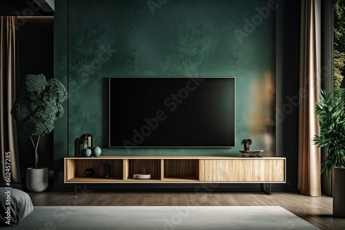 TV mounted on cabinet in Japanese style living room with dark green walls. Generative AI
