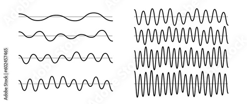 Sinusoid signals set. Black curve sound waves with different frequency and amplitude. Voice or music audio concept. Pulsating lines. Electronic radio graphics collection. Vector templates bundle