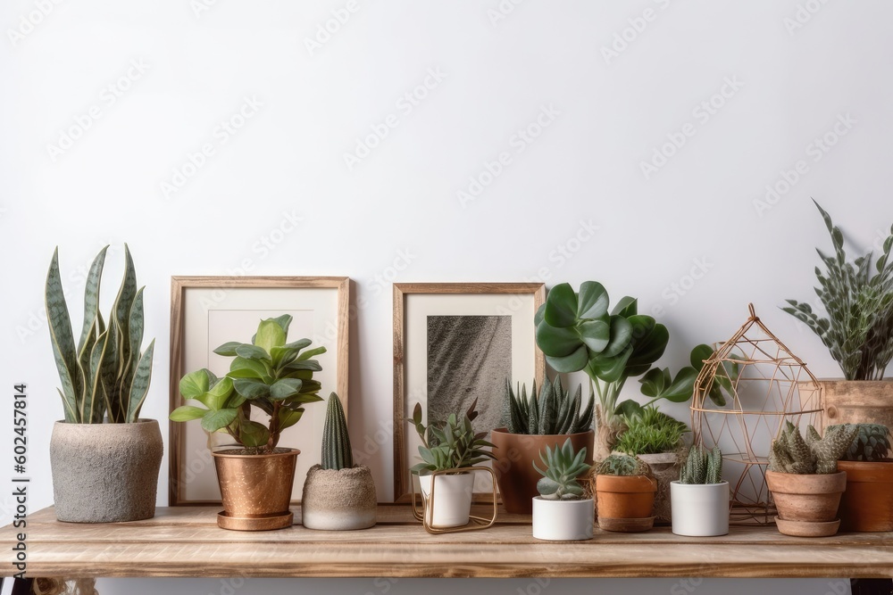 Various kinds of indoor plants a mock up frame with copy space on a wooden table against a white wall. Generative AI Various kinds of indoor plants a mock up frame with copy space on a wooden table against a white wall. Generative AI