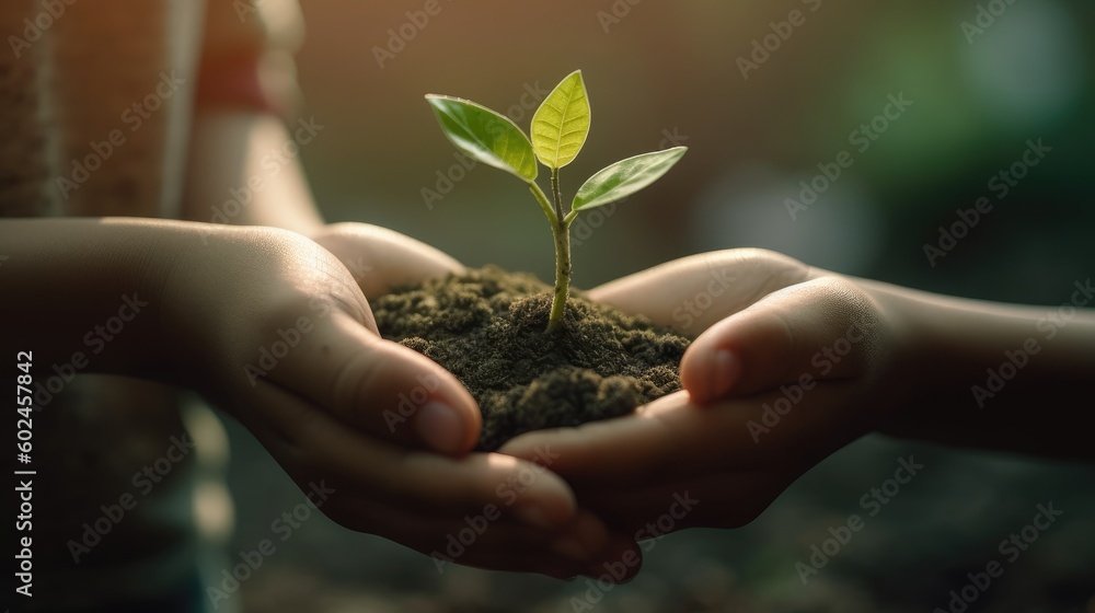 Child hands hold a small plant