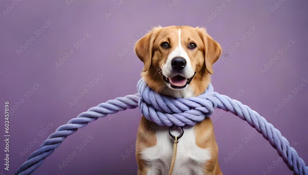 World animal day. Dog with rope on lilac background with copy space for ...