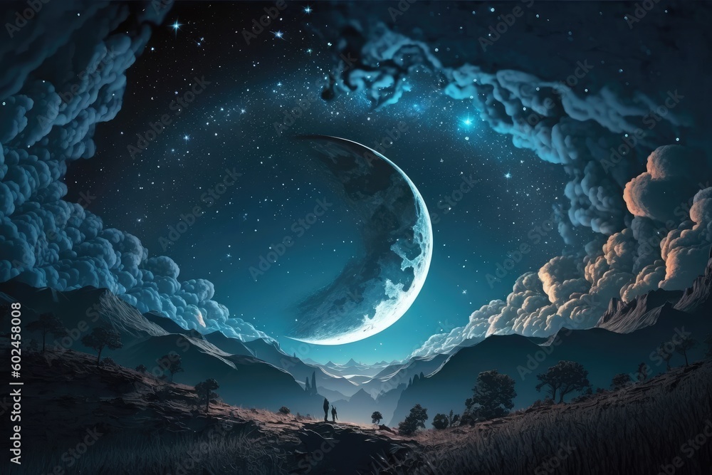 Beautiful celestial sky in dreamy fantasy with bright star in the sky over nature landscape Generative AI - obrazy, fototapety, plakaty 
