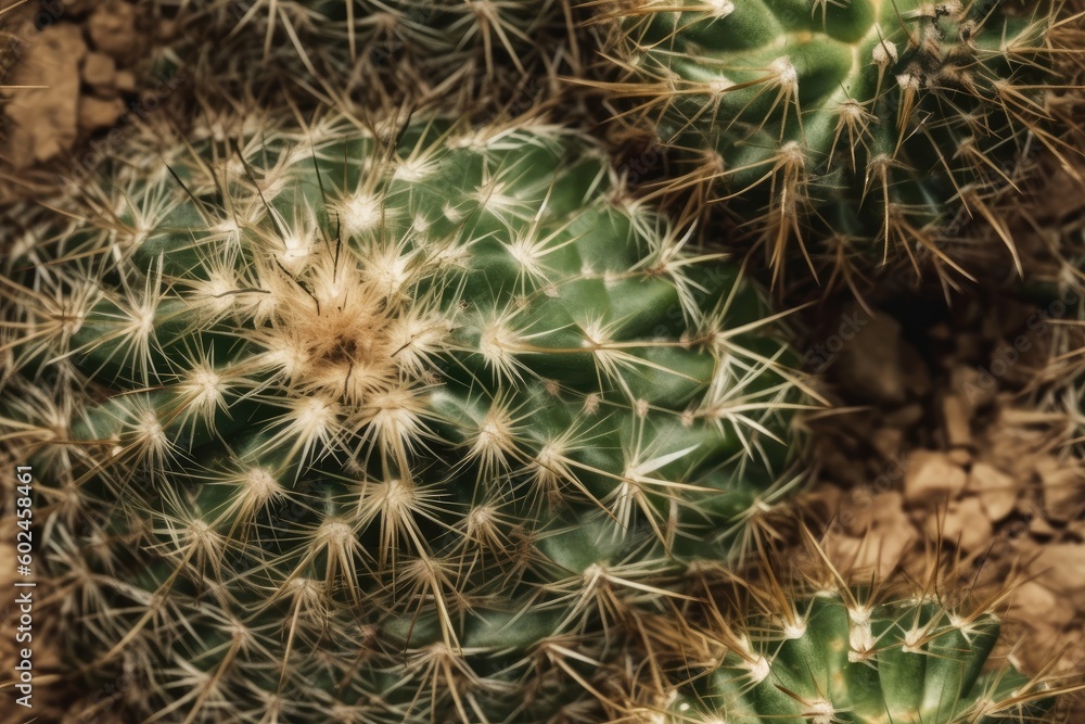 Top view of a green cactus with needles. Background with a lovely cactus texture. Generative AI Top view of a green cactus with needles. Background with a lovely cactus texture. Generative AI