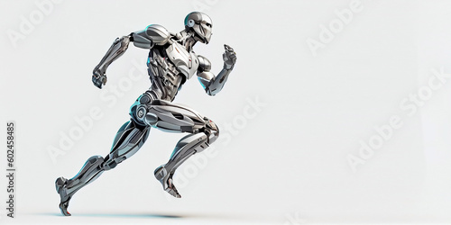 A fast running humanoid muscular robot athlete on an isolated background. Generative AI