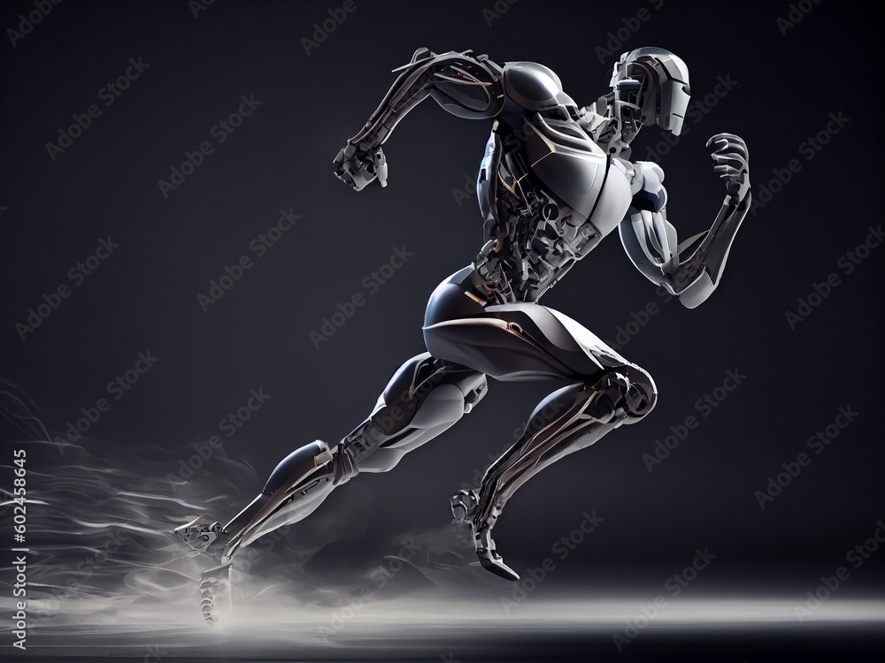 A fast running humanoid muscular robot athlete on an isolated background. Generative AI A fast running humanoid muscular robot athlete on an isolated background. Generative AI