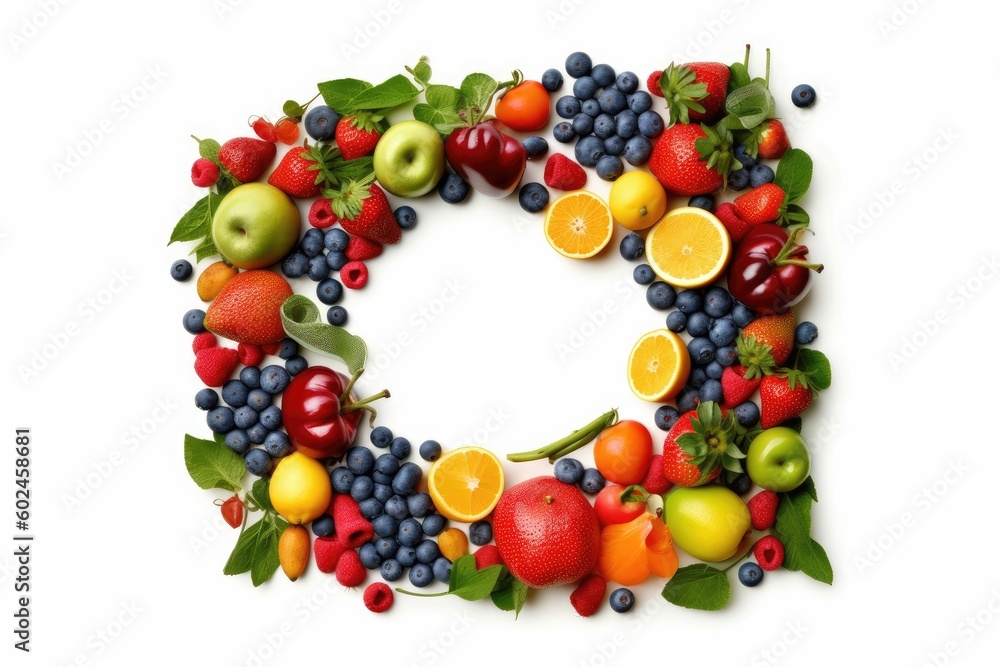 Frame of fruits on white background, Generative AI Frame of fruits on white background, Generative AI