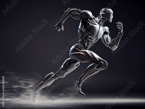 A fast running humanoid muscular robot athlete on an isolated background. Generative AI © Tatiana