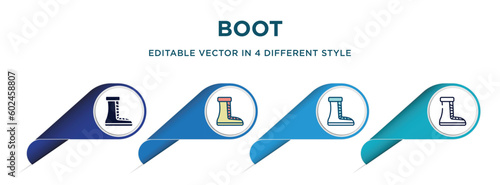 boot icon in 4 different styles such as filled, color, glyph, colorful, lineal color. set of vector for web, mobile, ui