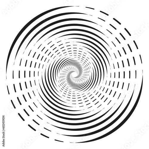 Spiral, swirl, twirl. Volute, helix, eddy and vortex shape. Radial lines with rotation. Vector illustration.