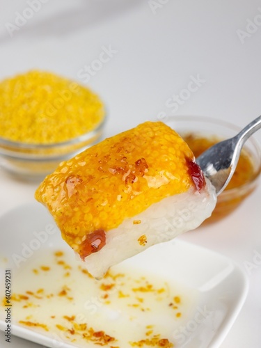 Pastry made of yellow rice(coarse rice), Panicum miliaceum and white sugar,traditional Chinese snack