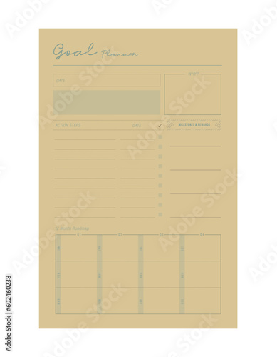 (spring) Goal Planner. Business organizer page. Paper sheet. Realistic vector illustration.