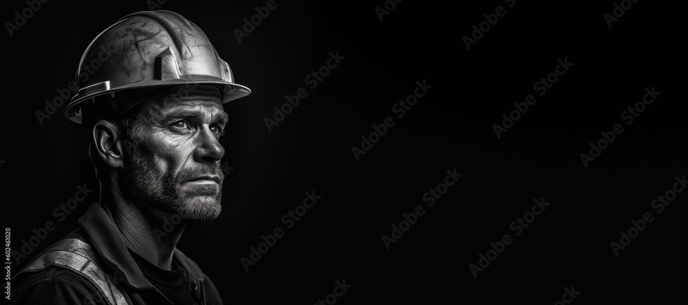 Black and white photorealistic studio portrait of a construction worker with hard hat on black background. Generative AI illustration Black and white photorealistic studio portrait of a construction worker with hard hat on black background. Generative AI illustration