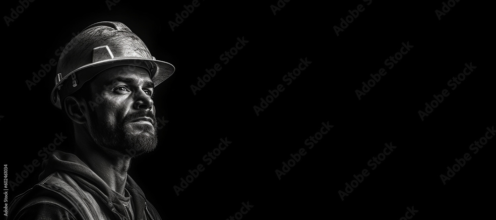 Black and white photorealistic studio portrait of a construction worker ...