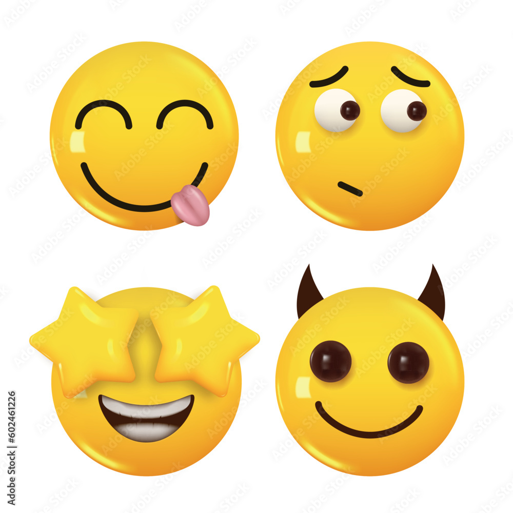 Fototapeta premium Set of 3d icon yellow color smile emoji. Vector