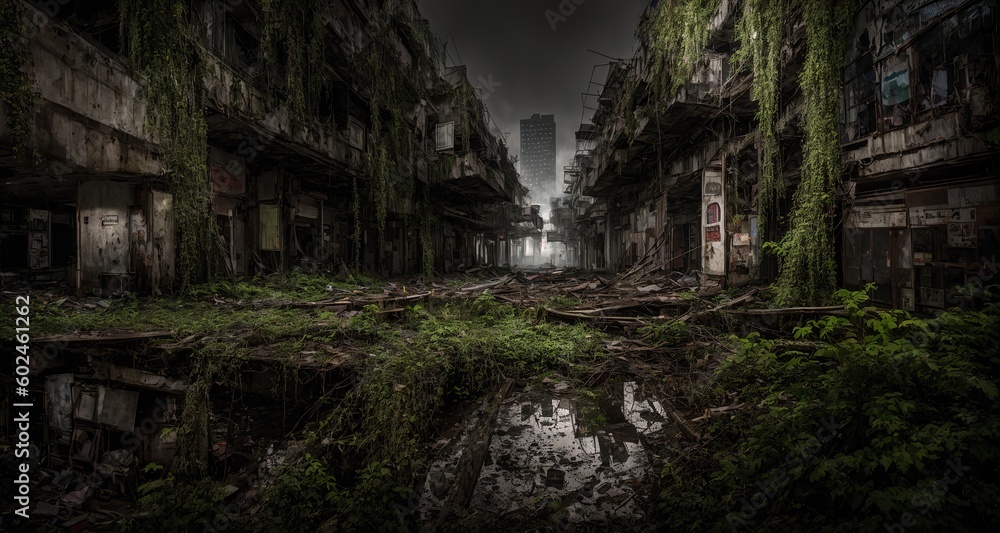 The Somber Dark of the Suburban Settlement of the Post Apocalyptic Ruins and Decay in Tropical Humid Green Night. (generative ai)