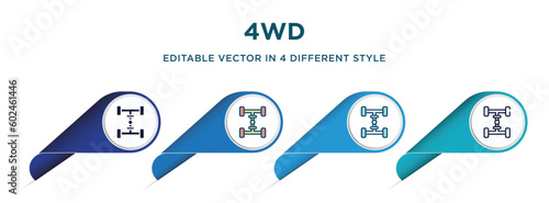 4wd icon in 4 different styles such as filled, color, glyph, colorful, lineal color. set of vector for web, mobile, ui