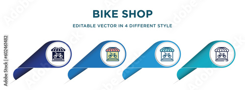 bike shop icon in 4 different styles such as filled, color, glyph, colorful, lineal color. set of vector for web, mobile, ui