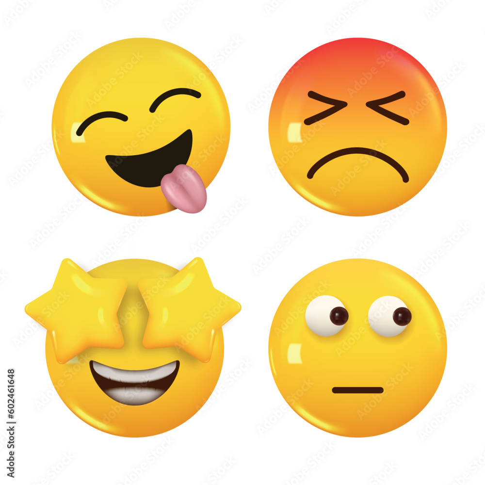 Fototapeta premium Set of 3d icon yellow color smile emoji. Vector
