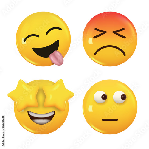 Set of 3d icon yellow color smile emoji. Vector