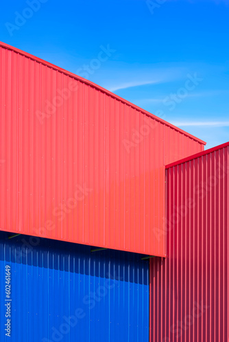 Red and blue corrugated metal warehouse building wall in modern minimal style against blue sky background in vertical frame