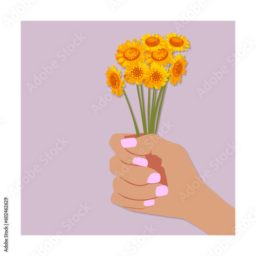 Mano con  ramo de flores amarillas, estilo vectorial para tarjetas y decoraci√≥n photo