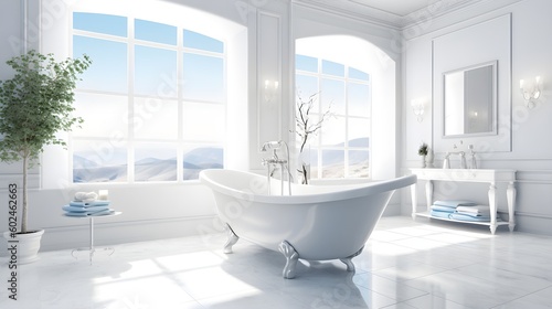 Modern minimalist bathroom with large french windows. © Peffy's Photography