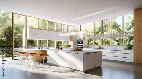 Modern kitchen with big french windows.