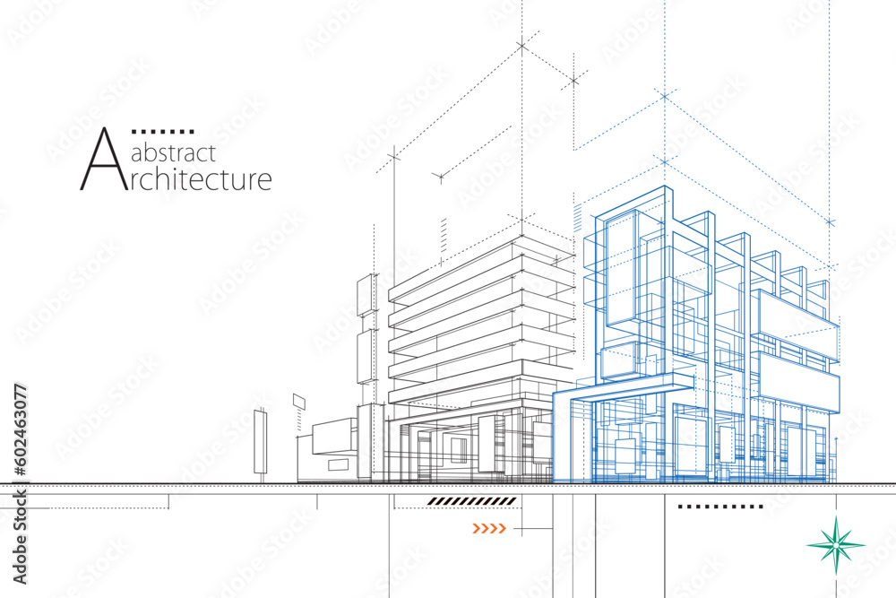 3D illustration abstract modern urban building out-line drawing of imagination architecture building construction perspective design.  - obrazy, fototapety, plakaty 