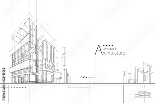 Tableau sur toile 3D illustration abstract modern urban building out-line black and white drawing of imagination architecture building construction perspective design