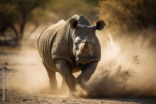 Action shot of a running rhinoceros in the savannah heat, generative AI
