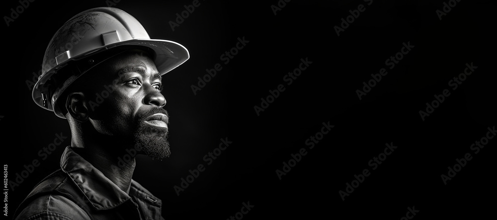 Black and white photorealistic studio portrait of a construction worker with hard hat on black background. Generative AI illustration Black and white photorealistic studio portrait of a construction worker with hard hat on black background. Generative AI illustration