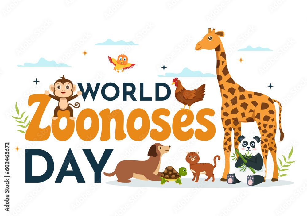 Fototapeta premium World Zoonoses Day Vector Illustration on 6 July with Various Animals which is in the Forest in Flat Cartoon Hand Drawn Landing Page Templates
