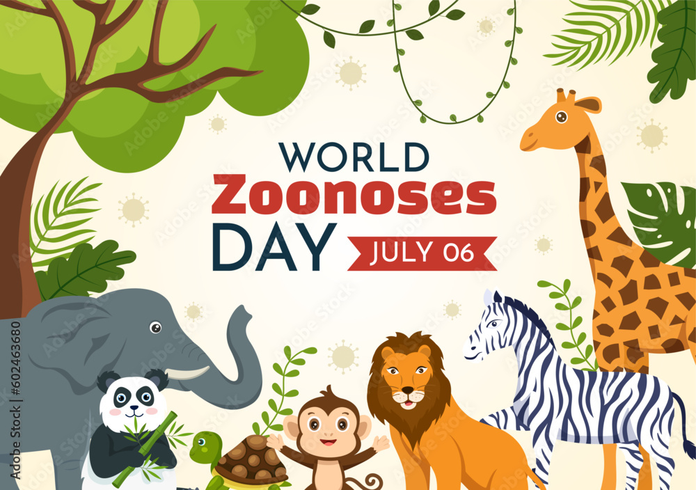 Fototapeta premium World Zoonoses Day Vector Illustration on 6 July with Various Animals which is in the Forest in Flat Cartoon Hand Drawn Landing Page Templates