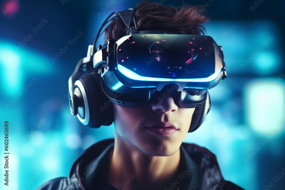Technology and innovation concept - young man using virtual reality headset, Generative AI Technology and innovation concept - young man using virtual reality headset, Generative AI