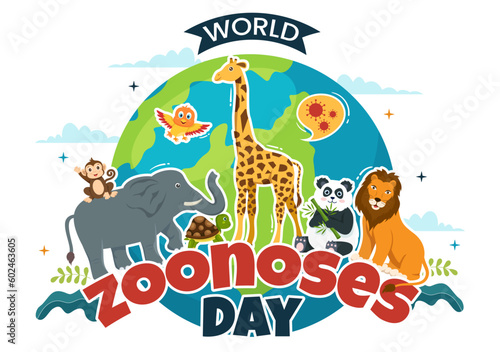 World Zoonoses Day Vector Illustration on 6 July with Various Animals which is in the Forest in Flat Cartoon Hand Drawn Landing Page Templates