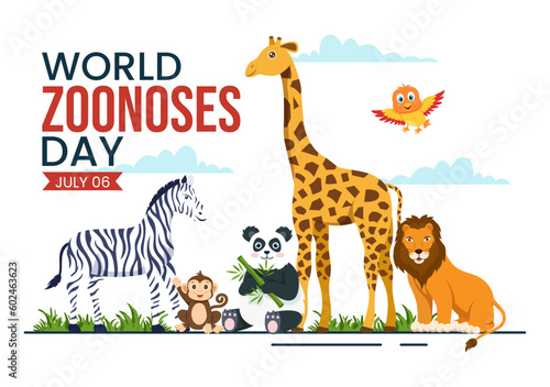 World Zoonoses Day Vector Illustration on 6 July with Various Animals which is in the Forest in Flat Cartoon Hand Drawn Landing Page Templates