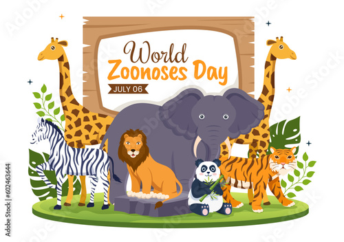 World Zoonoses Day Vector Illustration on 6 July with Various Animals which is in the Forest in Flat Cartoon Hand Drawn Landing Page Templates
