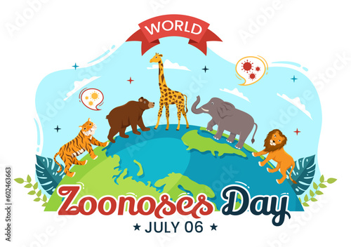 World Zoonoses Day Vector Illustration on 6 July with Various Animals which is in the Forest in Flat Cartoon Hand Drawn Landing Page Templates