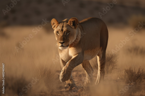 The lion dashes through the blistering heat of the savanna  its sleek body effortlessly gliding over the shifting sands  generative AI