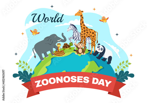 World Zoonoses Day Vector Illustration on 6 July with Various Animals which is in the Forest in Flat Cartoon Hand Drawn Landing Page Templates