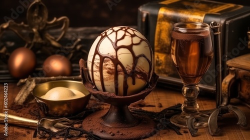 chocolate eggs on a wooden table, rustic style. homemade chocolate. Generative AI