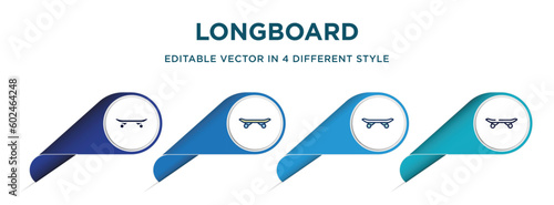 longboard icon in 4 different styles such as filled, color, glyph, colorful, lineal color. set of vector for web, mobile, ui