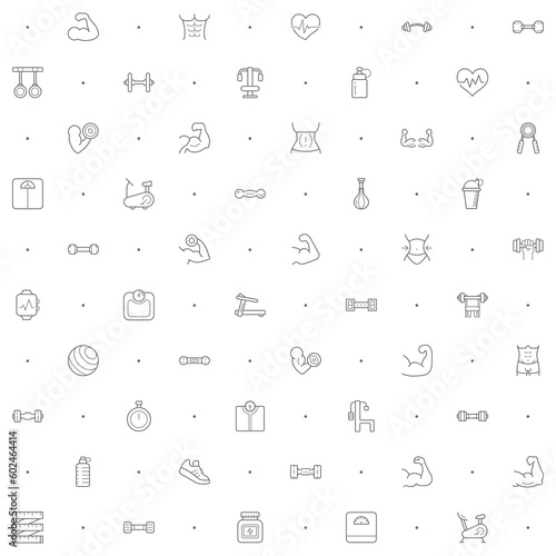 Seamless pattern with muscle icon on white background. Included the icons as fitness, flexing, working out, gym, dumbbell, weight, scale, ball, healthy, measure and design elements And Other Elements.