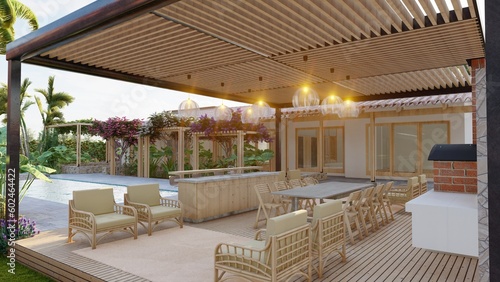 terrace and barbecue area of ​​a luxurious home, with outdoor spaces such as the pool and pergolas