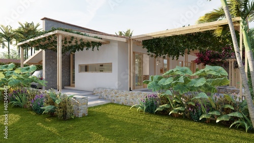 Luxurious, minimalist and boho chic home, seen from a breakfast terrace with bougainvillea and tropical trees